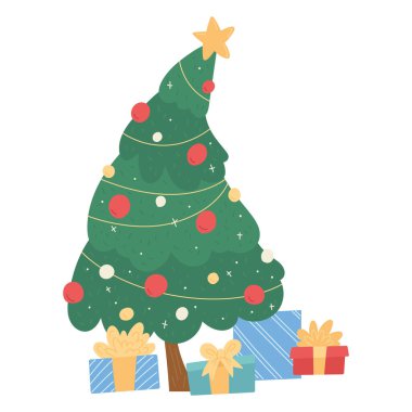 Hediye kutularıyla izole edilmiş Noel ağacı Vektör illüstrasyonu