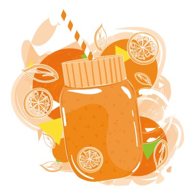 Retro orange smoothie on jar with orange fruit Vector illustration