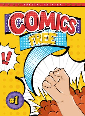 Colored comic cover page with a fist hand gesture Vector illustration