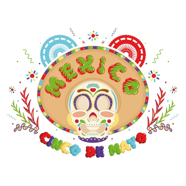Traditionele Mexicaanse Schedel Cartoon Cinco Mayo Vector Illustratie — Stockvector