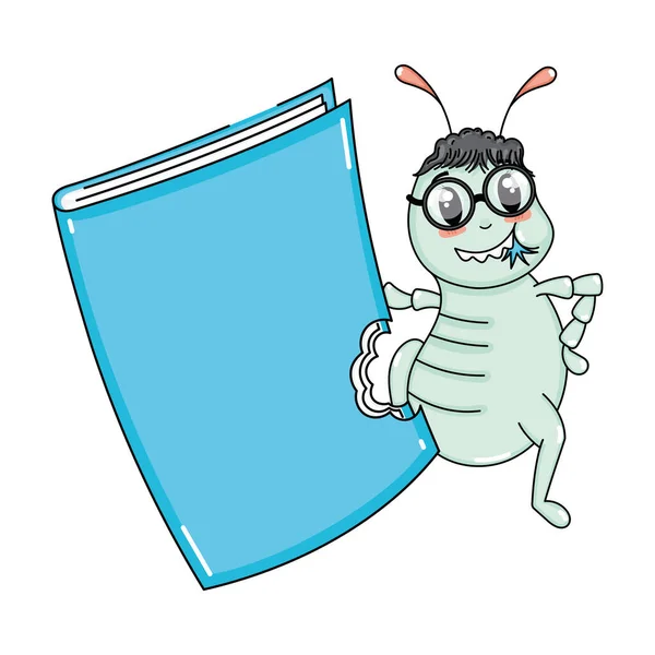 Caterpillar Comiendo Libro Dibujos Animados Kawaii Vector Ilustración — Vector de stock