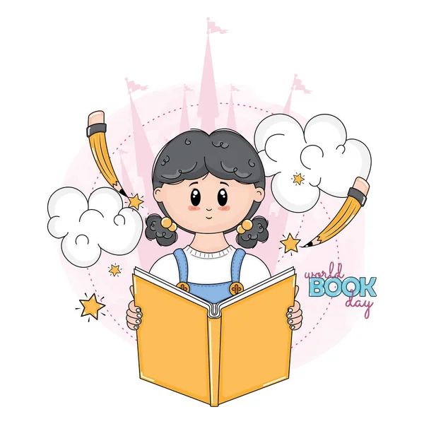 Izolovaná Dívka Kreslené Knihou Světový Knižní Den Vektorové Ilustrace — Stockový vektor