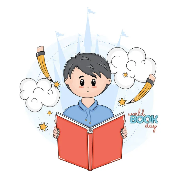 Izolovaný Chlapec Kreslený Knihou Světový Knižní Den Vektorové Ilustrace — Stockový vektor