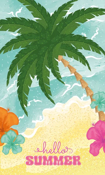 Playa Colores Con Flores Palmera Hola Plantilla Vertical Verano Ilustración — Vector de stock
