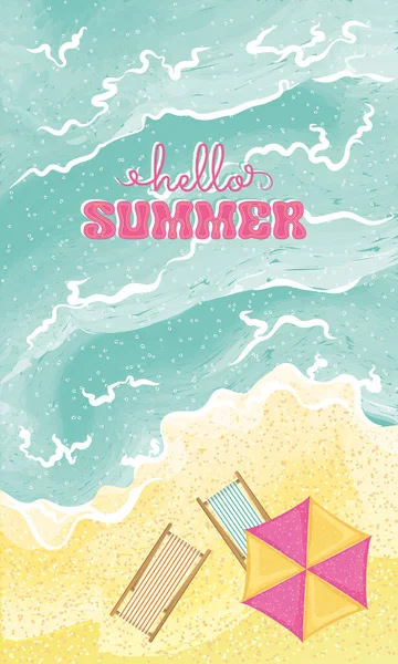 Vista Superior Una Playa Con Sombrilla Hello Summer Vertical Template — Archivo Imágenes Vectoriales