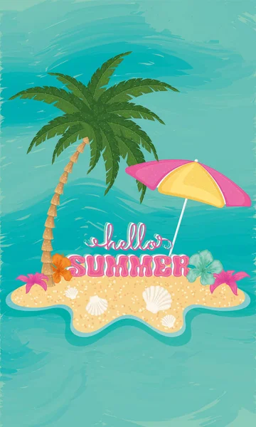 Hello Summer Vertical Template Isolated Island Palm Tree Vector Illustration — Stock Vector