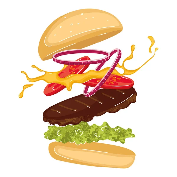 Geïsoleerde Gekleurde Open Kaas Burger Schets Icoon Vector Illustratie — Stockvector