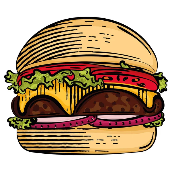 Zole Edilmiş Renkli Peynirli Burger Taslak Ikonu Vektör Illüstrasyonu — Stok Vektör