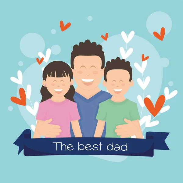 Cute Father Character Hugging His Children Happy Father Day Vector — Stock Vector