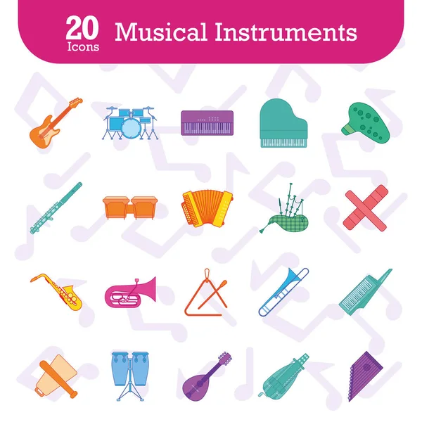 Set Von Farbigen Musikinstrumenten Symbole Vektor Illustration — Stockvektor
