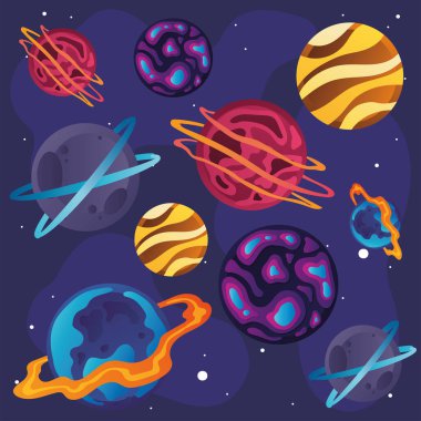 Evrenin arka plan vektör illüstrasyonunda bir dizi renkli bilim kurgu gezegeni