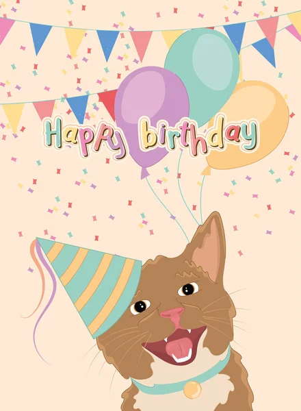 Cute Urodziny Zaproszenie Karty Szczęśliwym Kotem Wektor Ilustracji — Wektor stockowy