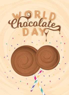 Bir çift çikolatalı lolipop Dünya Çikolata Günü dikey şablon Vektör çizimi