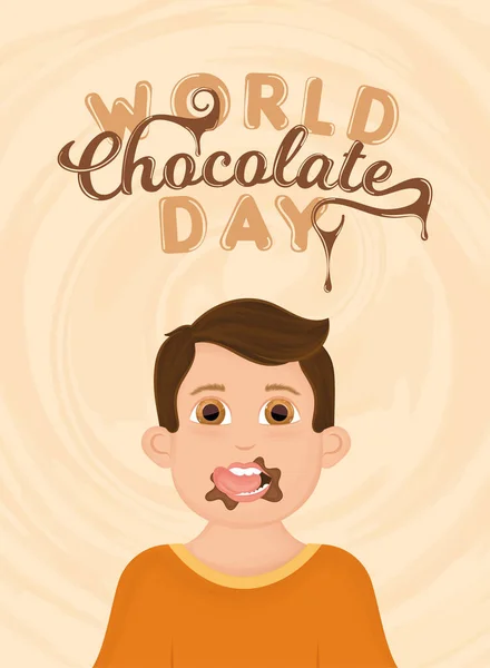Милий Хлопчик Їсть Шоколад Щасливий Світ Шаблон Дня Шоколаду Векторні — стоковий вектор