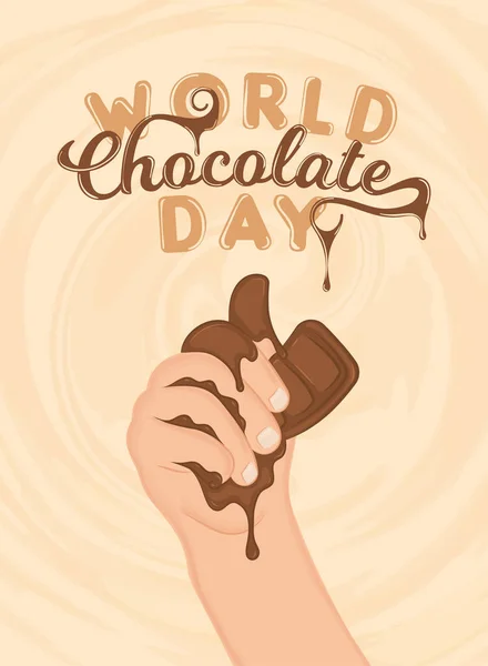Ізольована Рука Тримає Шоколад Щасливий Світ Шоколадний День Вертикальний Плакат — стоковий вектор