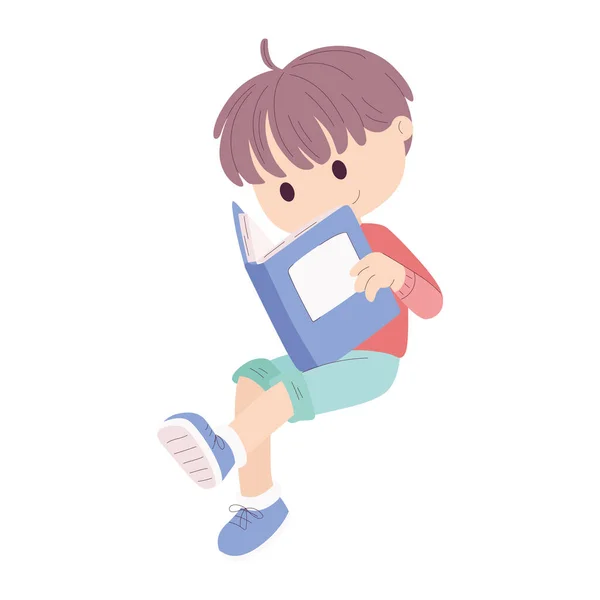 Изолированный Милый Мальчик Читает Книгу Векторная Иллюстрация — стоковый вектор