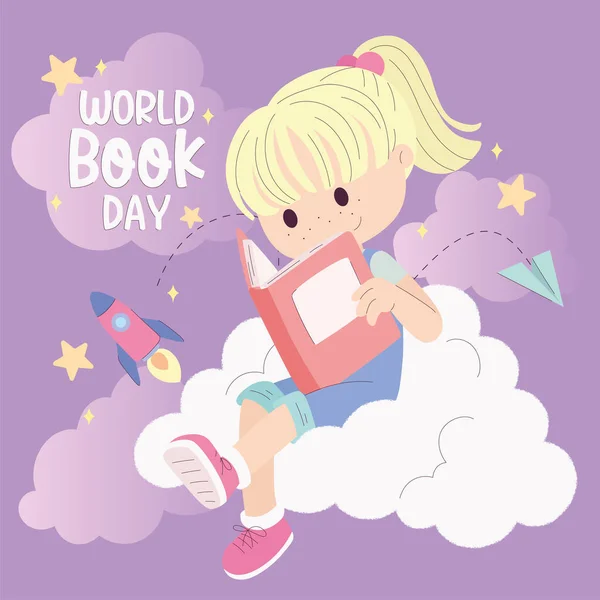 Мила Дівчина Персонаж Читає Книгу Всесвітній День Книги Шаблон Векторні — стоковий вектор