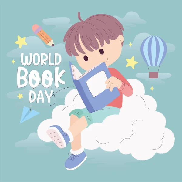 Ізольований Милий Хлопчик Читає Книгу Всесвітній День Книги Шаблон Векторні — стоковий вектор
