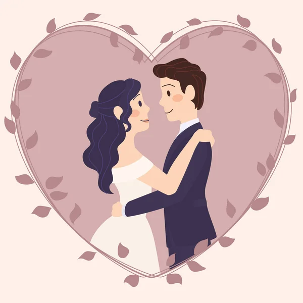 Kalp Şeklindeki Taşıyıcı Illüstrasyondaki Izole Tatlı Düğün Çifti Karakterleri — Stok Vektör