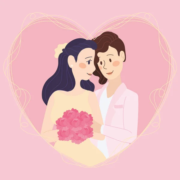 Isolated Cute Lesbian Wedding Couple Characters Heart Shape Vector Illustration — Stock Vector