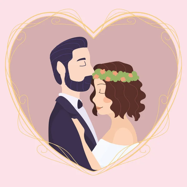 Personnages Mariage Mignons Isolés Sur Une Forme Coeur Illustration Vectorielle — Image vectorielle