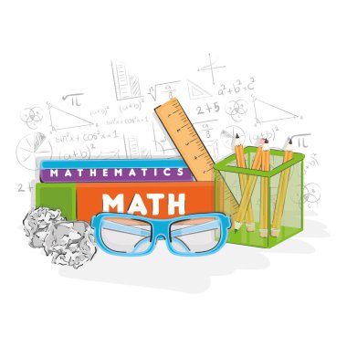 Münferit kitap yığını ve okul malzemeleri Matematik sınıfı kavramı Vektör illüstrasyonu