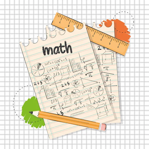 Pair Papers Mathematical Formulas Ruler Pencil Math Class Concept Vector — Stock Vector