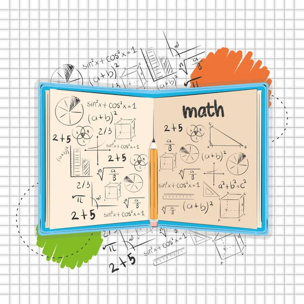 Odizolowana Otwarta Książka Wzorami Matematycznymi Koncepcją Klasy Ołówka Matematyka Wektor — Wektor stockowy