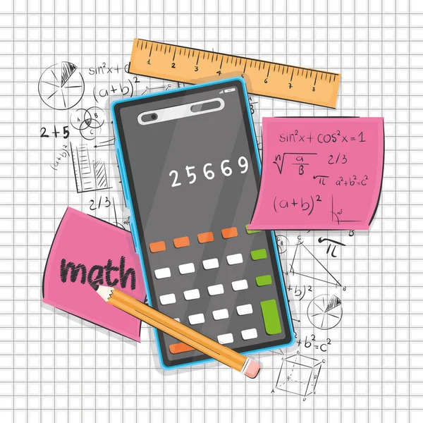 Isolierter Taschenrechner Mit Lineal Und Mathematischen Formeln Mathematikklassenkonzept Vektorillustration — Stockvektor
