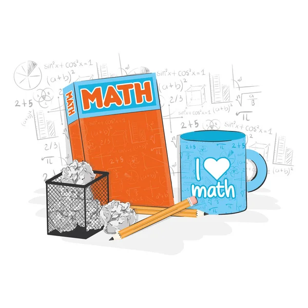 Matematická Kniha Prázdným Hrnkem Recyklovatelným Košem Školní Koncept Vektorová Ilustrace — Stockový vektor