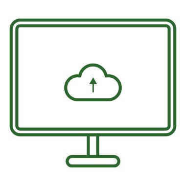 Bulut yükleme simgesi vektör illüstrasyonlu bir bilgisayar monitörünün izole edilmiş dış çizgisi