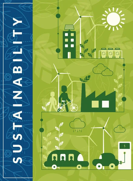 Cartaz Verde Sustentabilidade Ecológica Vertical Com Ícones Planos Ilustração Vetorial — Vetor de Stock