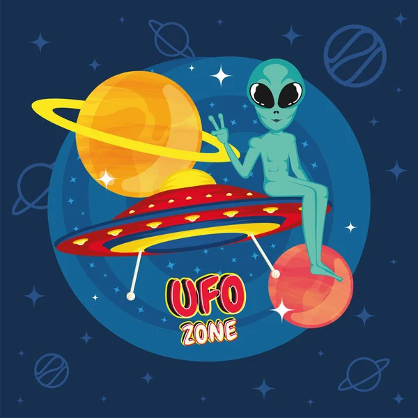 Söt Tecknad Främmande Ufo Klistermärke Vektor Illustration Vektorgrafik