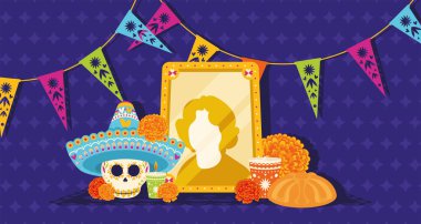 Şirin dia de los muertos poster vektörü illüstrasyonu