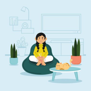 Gevşek kadın örgü ören Hygge konsept vektör çizimi