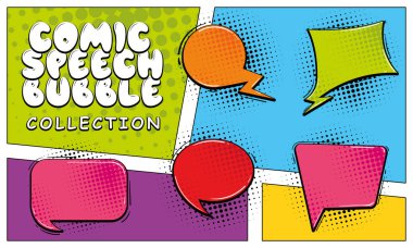 Canlı komedi konuşma balonu seti, yarım ton arkaplan, pop sanat tasarımları için ideal. Vektör illüstrasyonu.