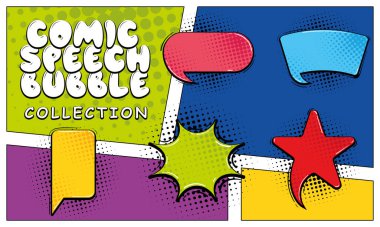 Canlı komedi konuşma balonu seti, yarım ton arkaplan, pop sanat tasarımları için ideal. Vektör illüstrasyonu.