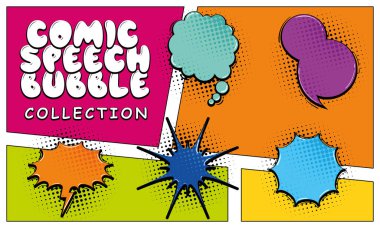 Canlı komedi konuşma balonu seti, yarım ton arkaplan, pop sanat tasarımları için ideal. Vektör illüstrasyonu.