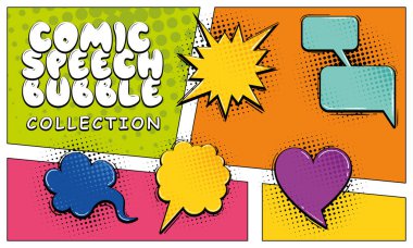 Canlı komedi konuşma balonu seti, yarım ton arkaplan, pop sanat tasarımları için ideal. Vektör illüstrasyonu.