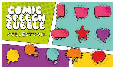 Canlı komedi konuşma balonu seti, yarım ton arkaplan, pop sanat tasarımları için ideal. Vektör illüstrasyonu.