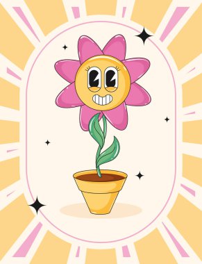 Karikatür çiçeği, büyük bir gülümsemeyle bir kabın içinde Vektör çizimi.