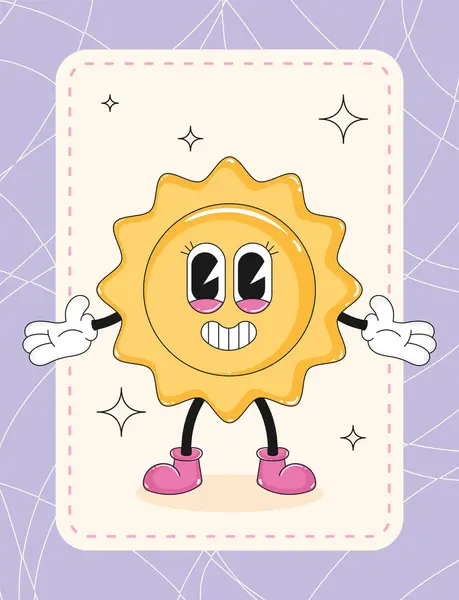 Stock vector Cheerful yellow sun cartoon character with a big smile and pink boots Vector illustration