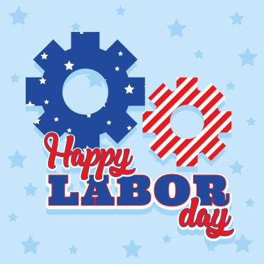 Amerikan bayrağı renkleri ve şenlikli arkaplan vektörü illüstrasyonuna sahip dişlilerin yer aldığı İşçi Bayramı tasarımı
