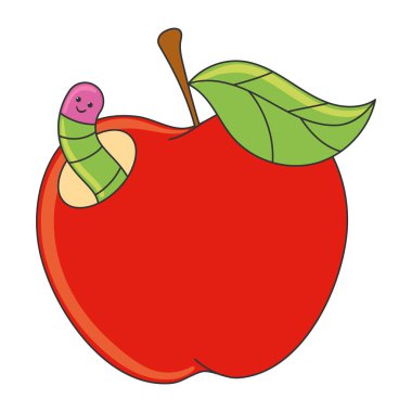 Solucanlı kırmızı elma çizgi filmi ve yeşil yaprak vektörü çizimi