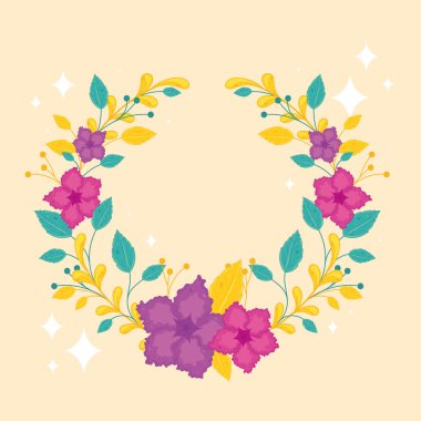 Çiçek çelengi mor ve sarı çiçekli yeşil yapraklı Vektör illüstrasyonlu.