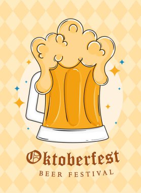 Oktoberfest bira kupası. Sarı elmas zemininde köpük var. Vektör illüstrasyonu.