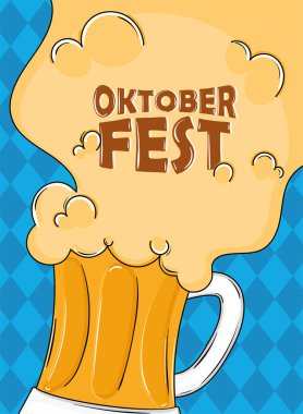 Oktoberfest köpük kupası mavi zemin üzerinde Oktoberfest metin ve baloncuklar, Vektör illüstrasyonu