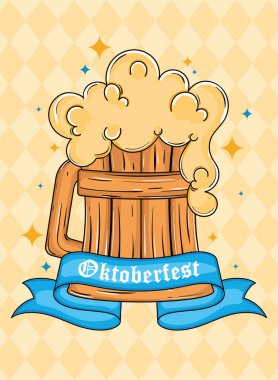 Tahta Ekim Festivali bira kupası köpüklü ve mavi kurdele illüstrasyonlu, Vektör illüstrasyonlu