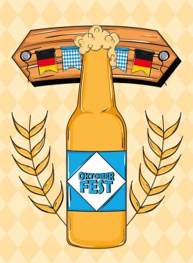 Ekim Festivali köpüklü bira şişesi, Alman bayrakları ve sarı buğday süslemesi, Vektör illüstrasyonu