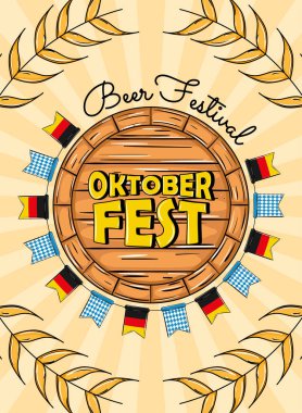 Şenlikli Alman bayrakları ve parlak renkli buğday süslemeleri ile Oktoberfest fıçısı Vektör illüstrasyonu